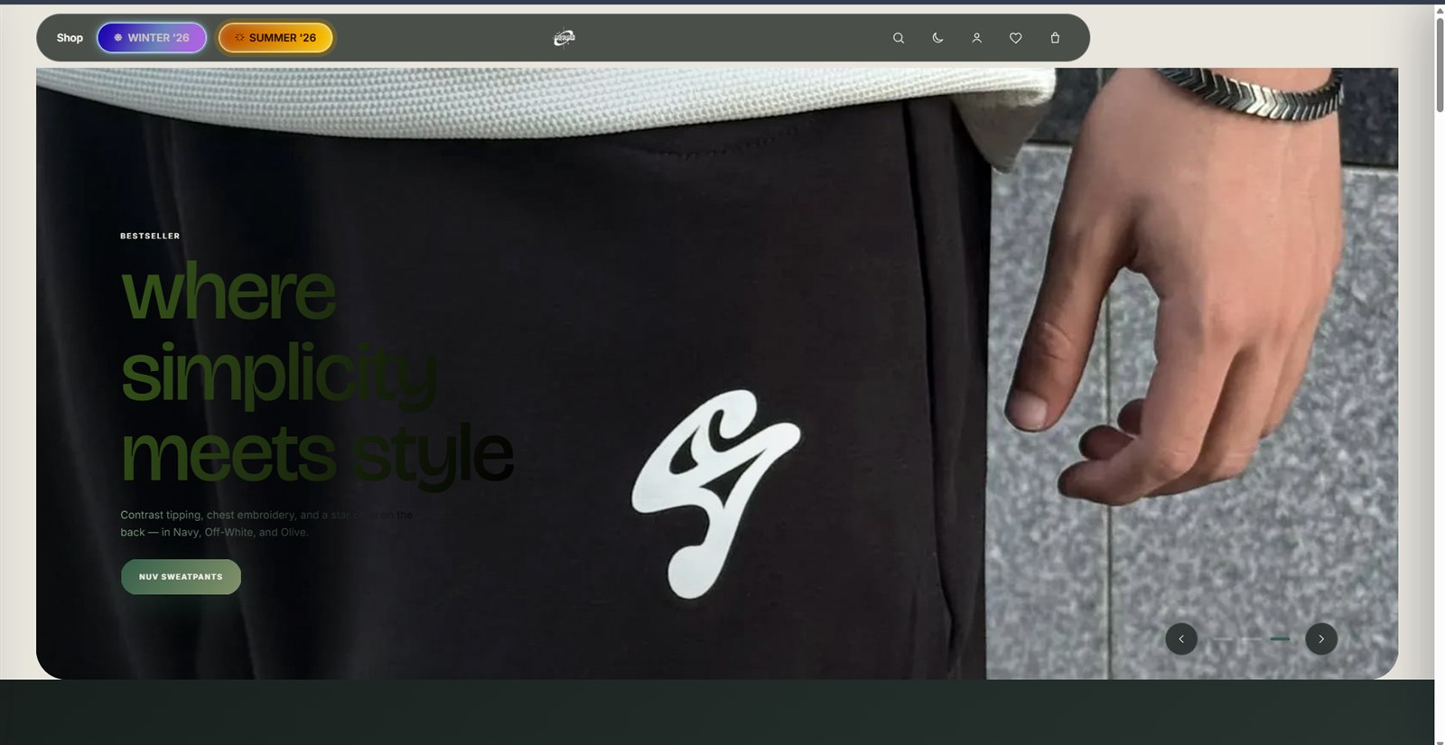 Nuvanti product campaign page for its embroidered sweatpants