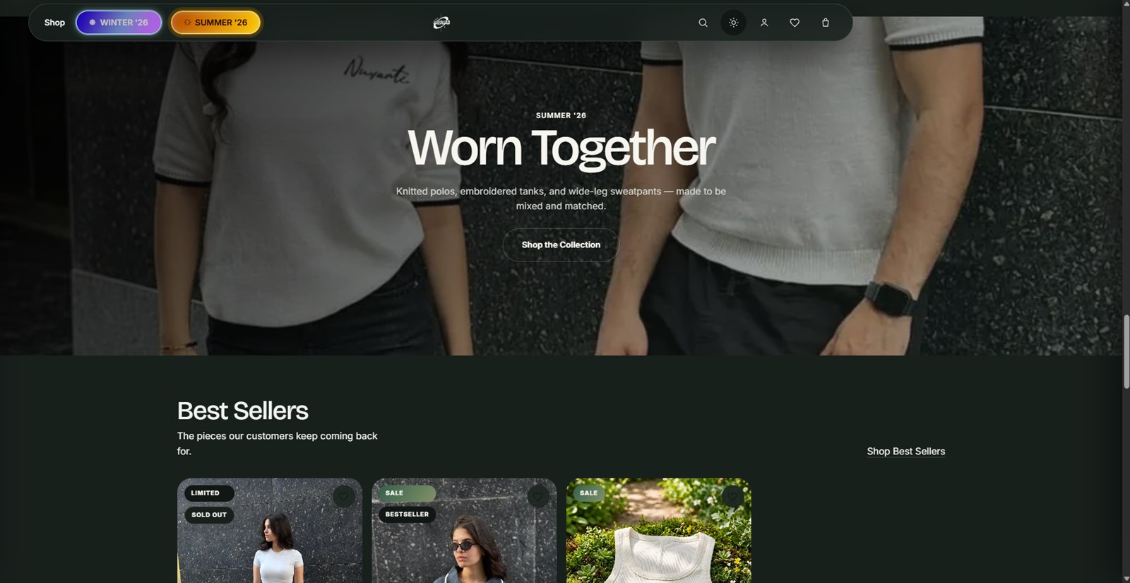 Nuvanti clothing storefront homepage featuring its clothing collection