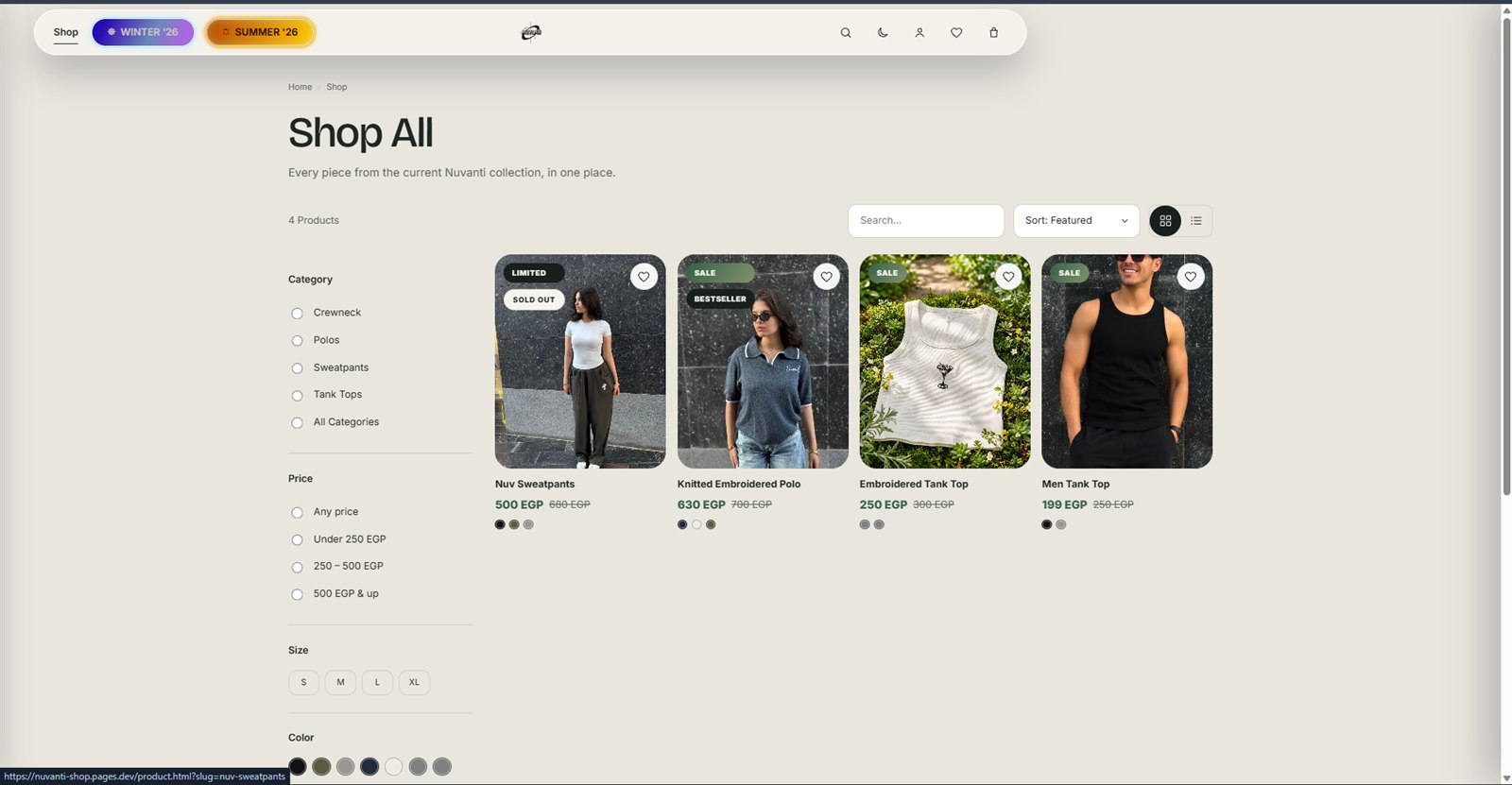 Nuvanti shop page showing product filters and a clothing collection