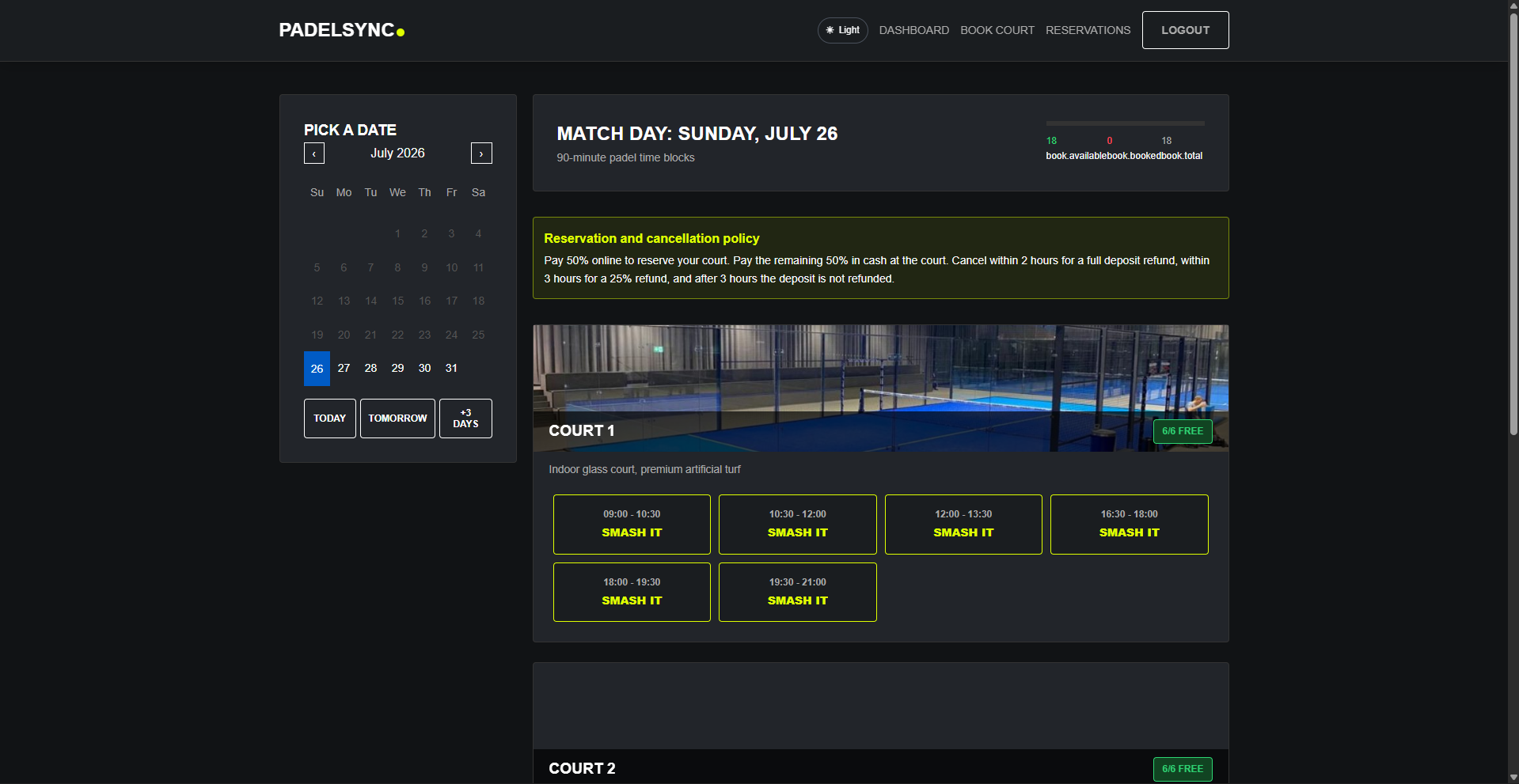 PadelSync court booking page showing a date picker and available time slots