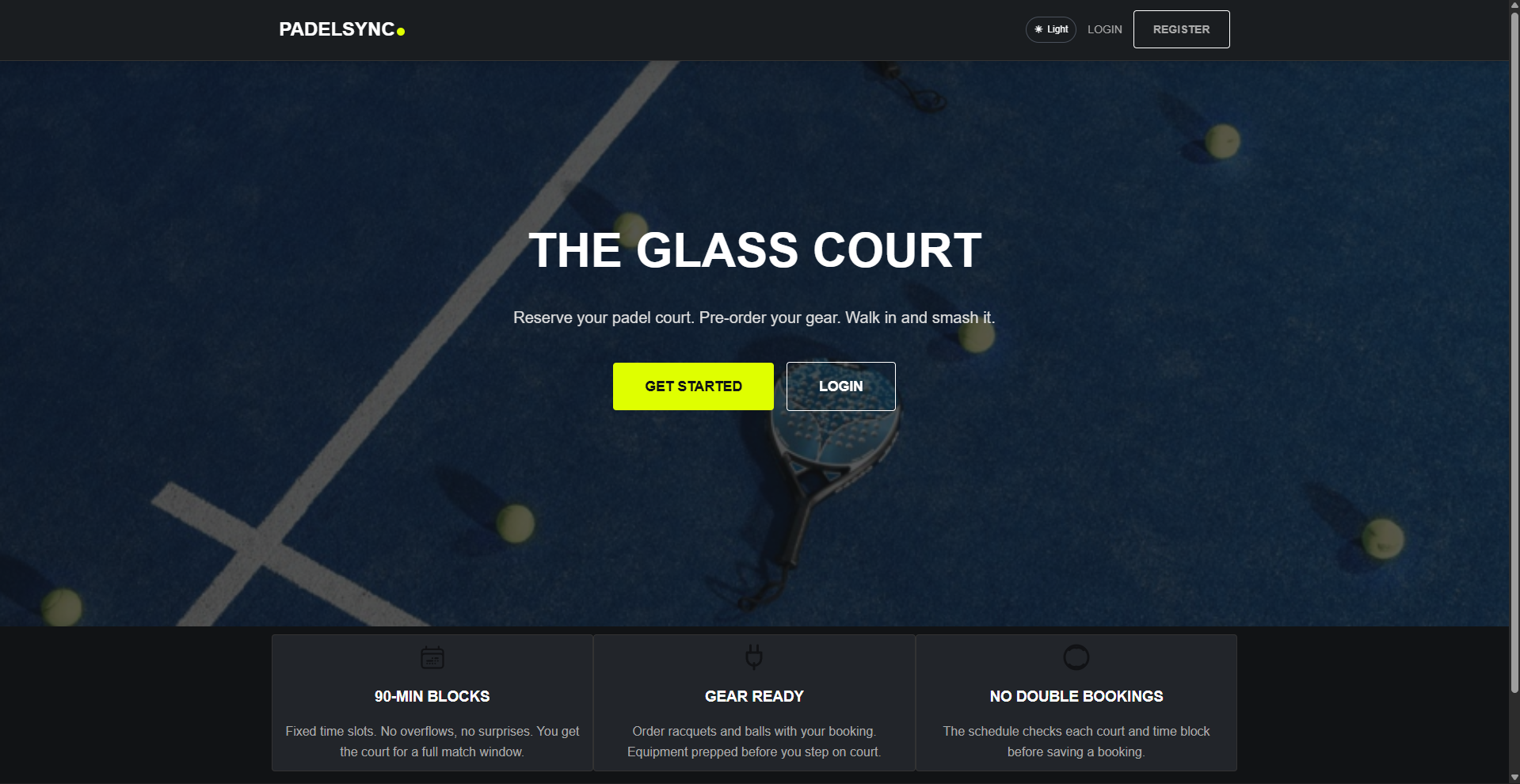 PadelSync landing page with court booking introduction