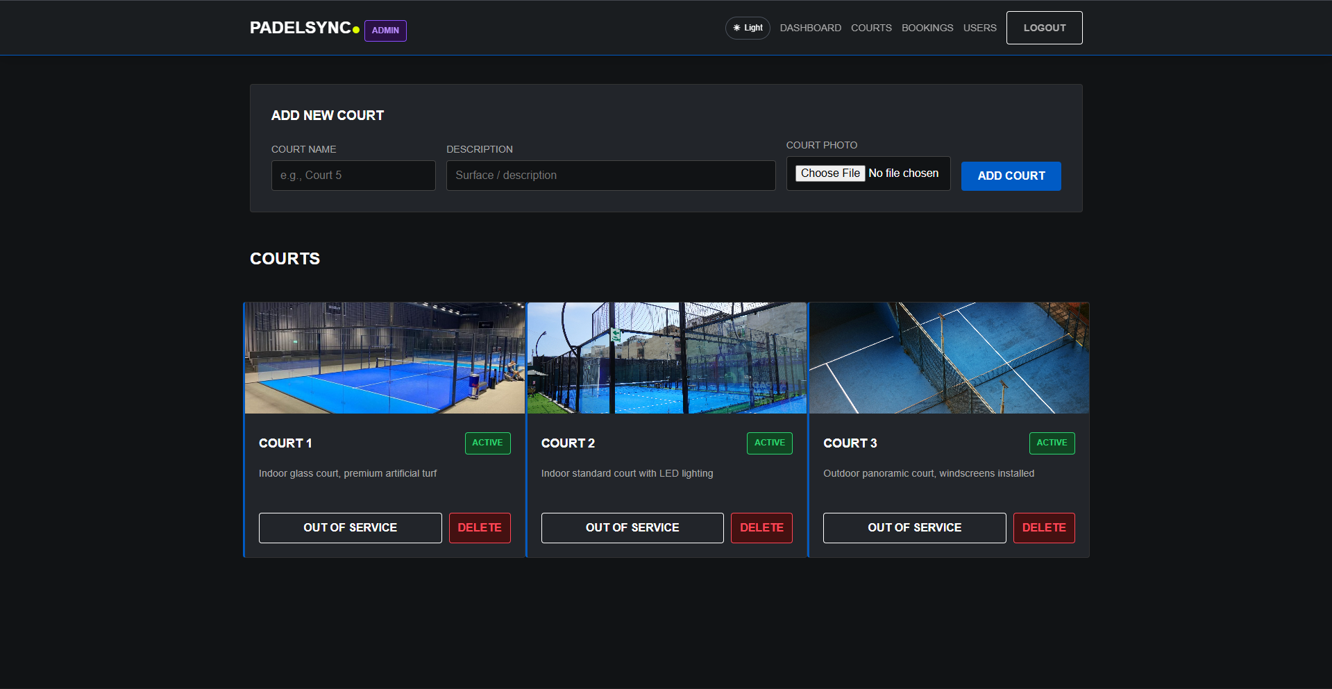 PadelSync admin screen for managing court listings