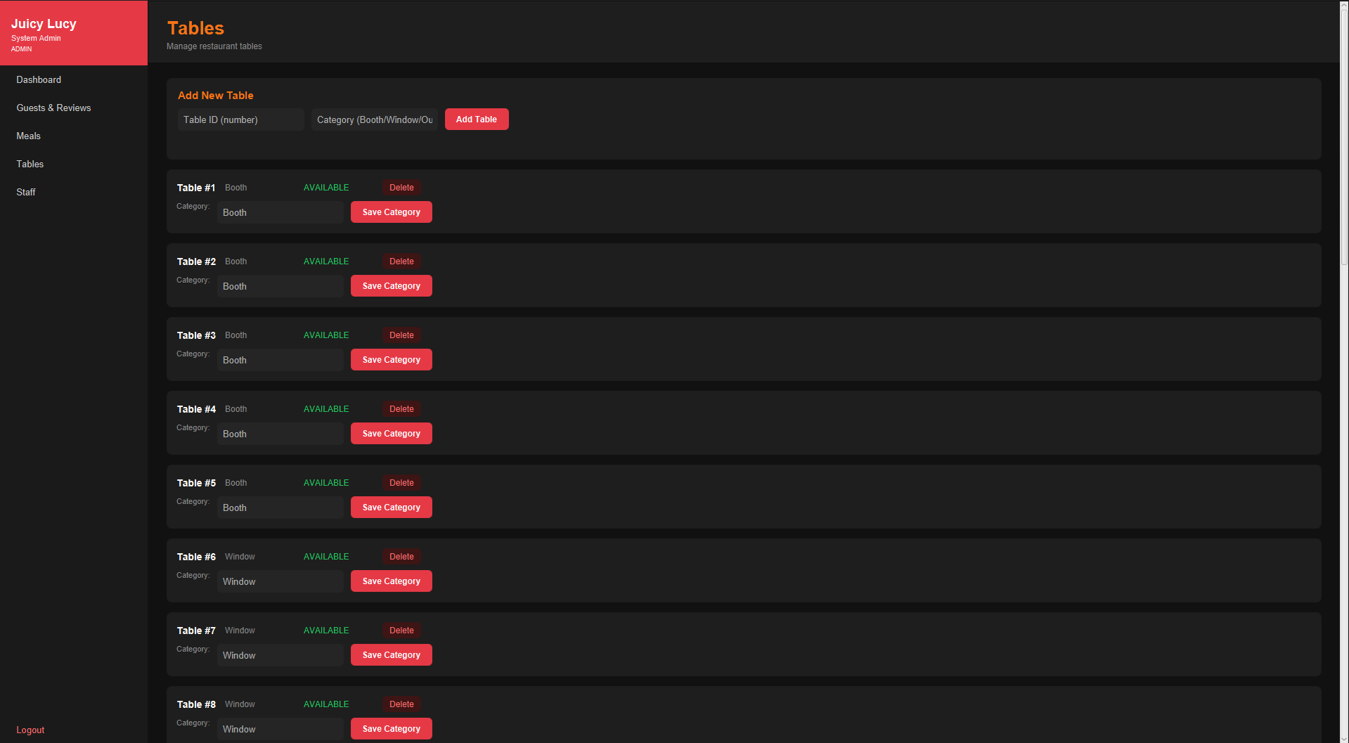 Juicy Lucy restaurant admin screen for adding and organizing tables